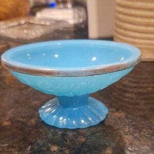 Vintage Avon Blue Glass Pedestal Bowl with Gold Rim